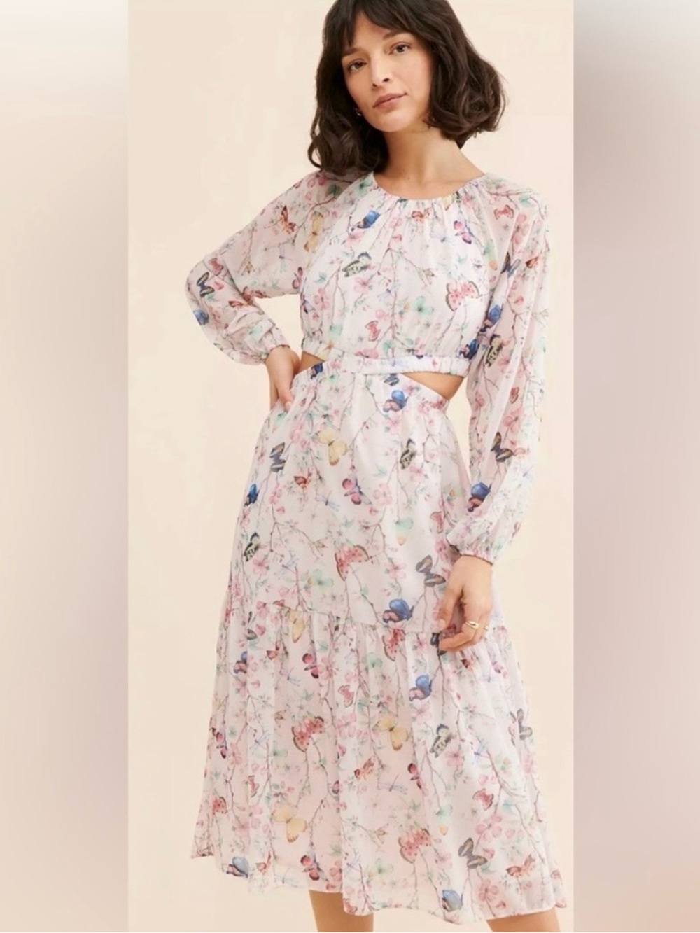 Steve Madden Cadi Floral Cutout Long-Sleeve Midi Dress in Light Pink Size Small